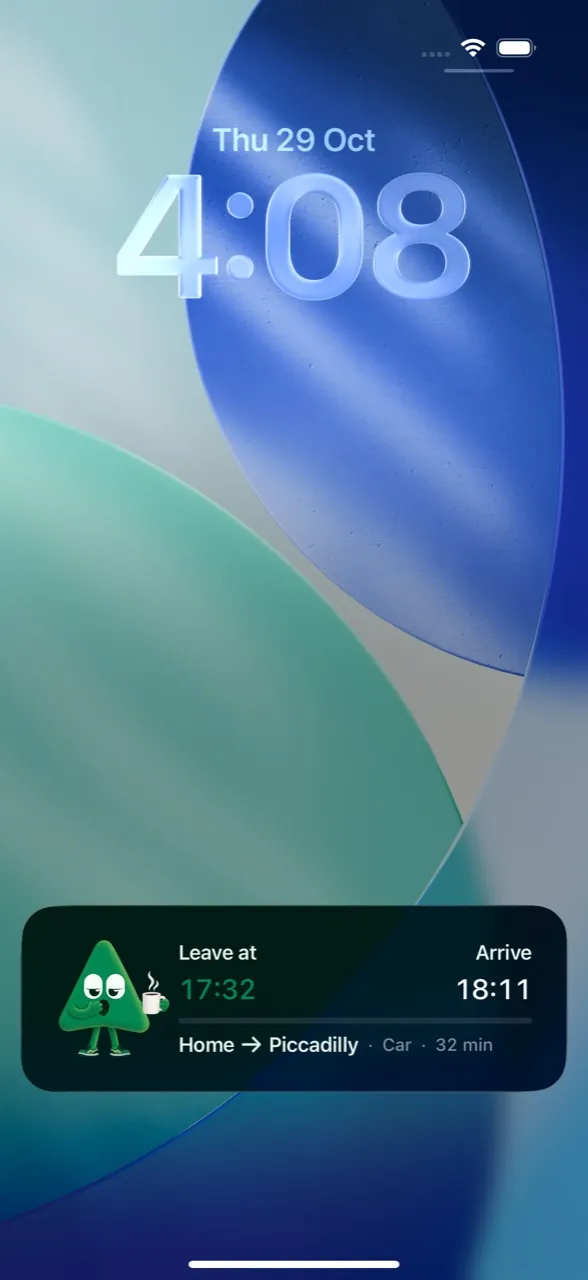 An iPhone Lock Screen with the ExitTime trip card: leave at 17:32, arrive 18:11.